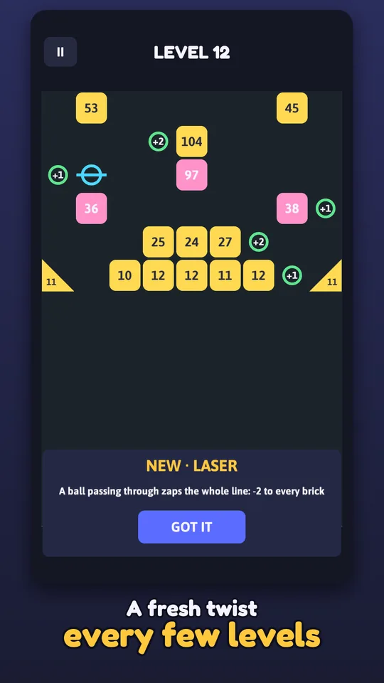 A card introducing the laser, which zaps every brick in its line